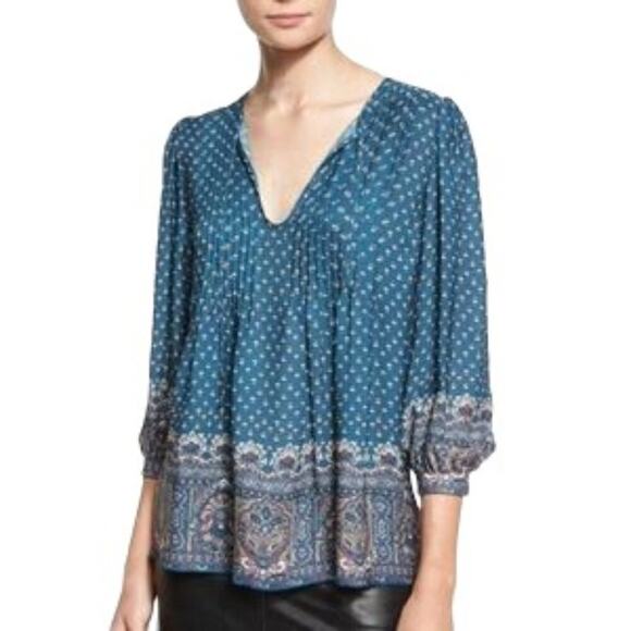 JOIE 100% Silk Rinjani Blouse in Teal Blue  Boho Peasant  SZ S - Picture 1 of 12